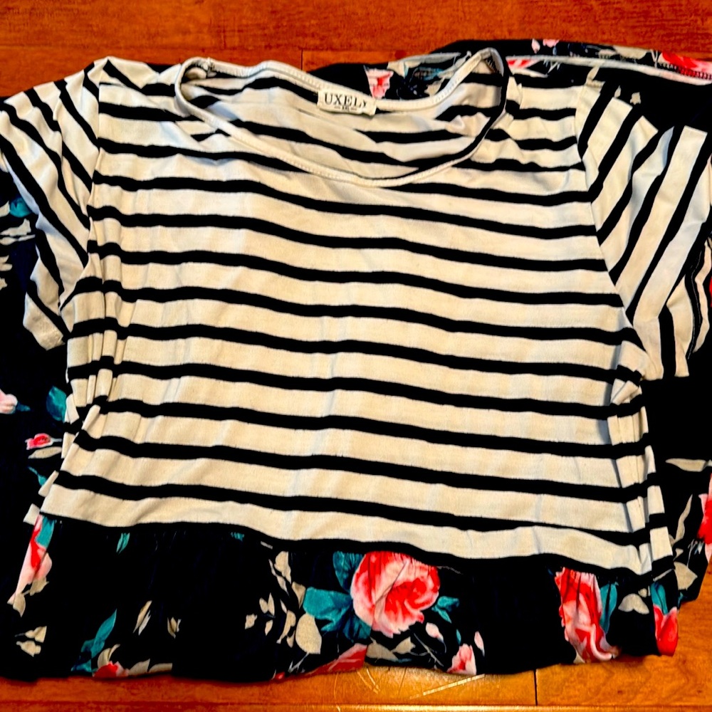 Uxely Women’s XXL Dress - Striped Top with Floral Hemline